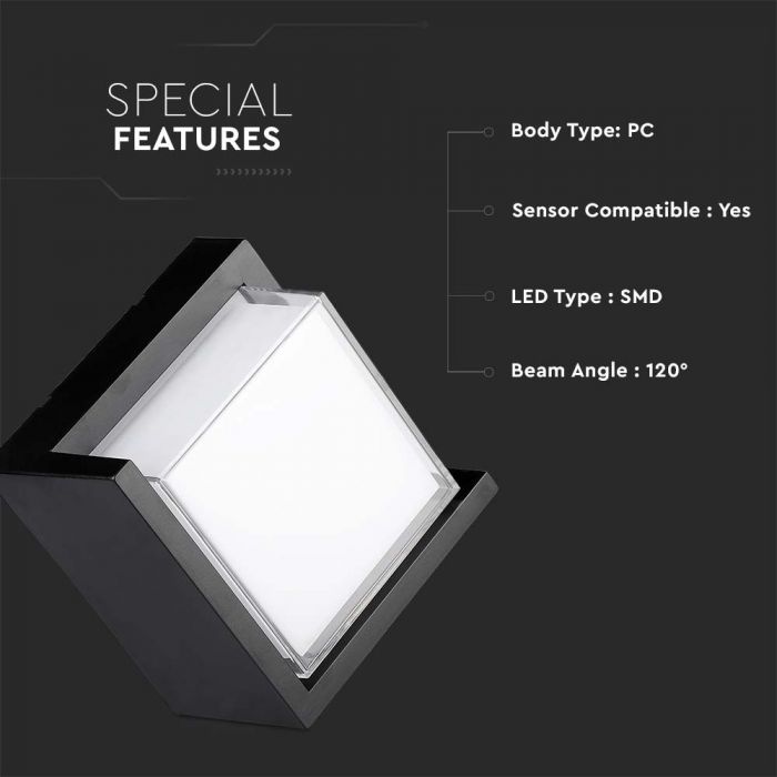 12W(1160Lm) LED wall light, V-TAC, IP65, black, square, warm white light 3000K