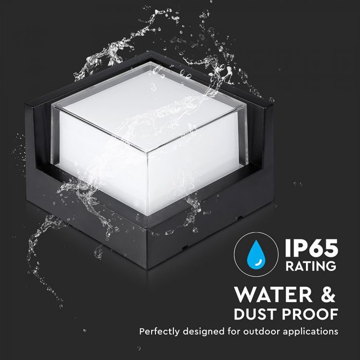 12W(1160Lm) LED-väggarmatur, V-TAC, IP65, svart, fyrkantig, varmvitt ljus 3000K