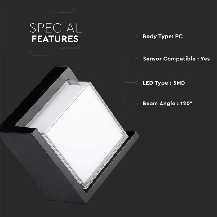 12W(1160Lm) LED seinavalgusti, V-TAC, IP65, must, kandiline, neutraalne valge valgus 4000K