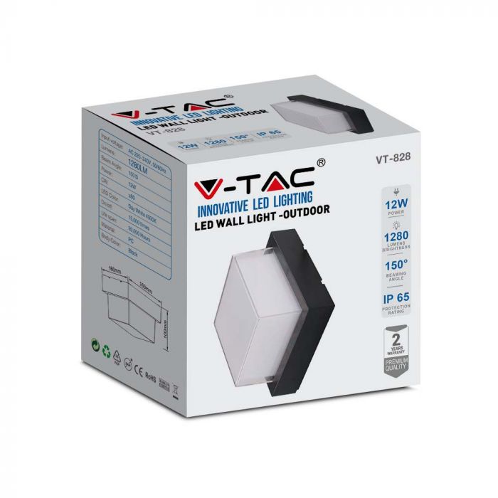 12W(1200Lm) LED wall light, V-TAC, IP65, black, square, warm white light 3000K