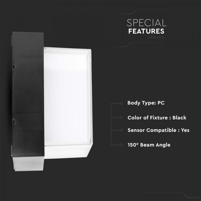 12W(1200Lm) LED-väggarmatur, V-TAC, IP65, svart, fyrkantig, varmvitt ljus 3000K