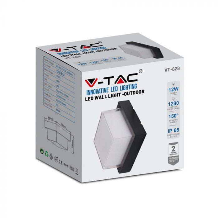 12W(1280Lm) LED-väggarmatur, V-TAC, IP65, svart, fyrkantig, neutralvitt ljus 4000K
