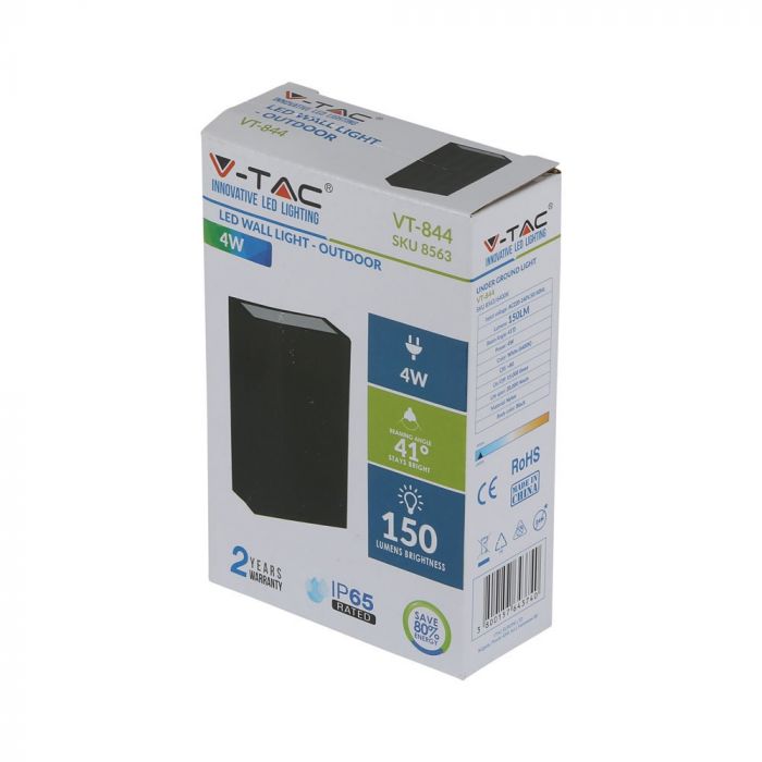 4W(400Lm) LED Fasādes gaismeklis, IP65, V-TAC, melns, silti balta gaisma 3000K