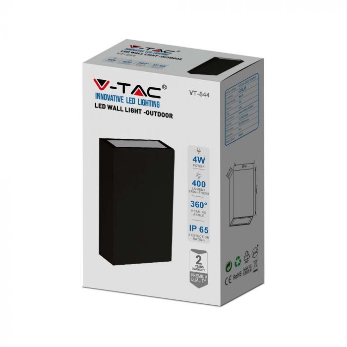 4W(400Lm) LED Fasādes gaismeklis, V-TAC, IP65, melns, auksti balta gaisma 6400K