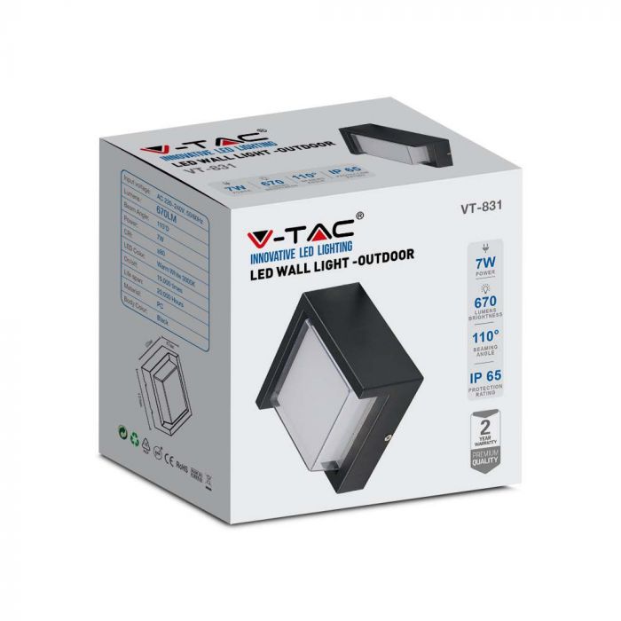 7W(670Lm) LED sienas gaismeklis, V-TAC, IP65, melns, kvadrāta, silti balta gaisma 3000K