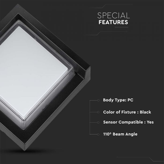7W(670Lm) LED wall light, V-TAC, IP65, black, square, warm white light 3000K
