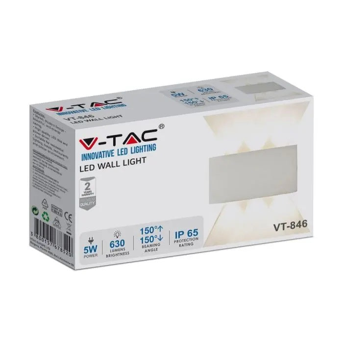 5W(630Lm) LED Fasādes gaismeklis, V-TAC, IP65, balts, silti balta gaisma 3000K