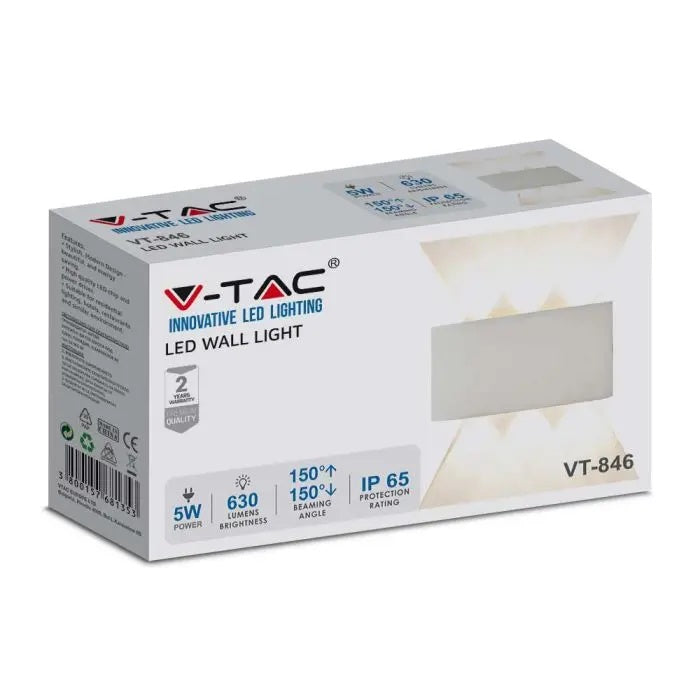 5W(630Lm) LED fasādes gaismeklis, V-TAC, IP65, balts, neitrāli balta gaisma 4000K