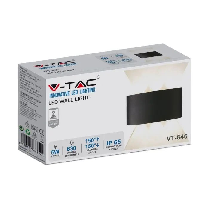 5W(630Lm) LED-fasadarmatur, V-TAC, IP65, svart, varmvitt ljus 3000K