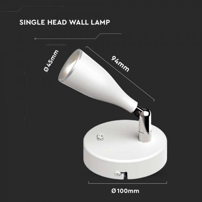 4.5W(420Lm) LED Wall lamp, with switch, V-TAC, IP20, white, warm white light 3000K