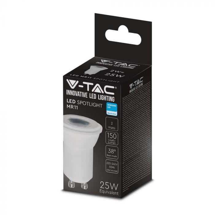 GU10 2W (150Lm) LED-lampa, V-TAC SAMSUNG, IP20, MR11, 5 års garanti, 6500K kallvitt ljus