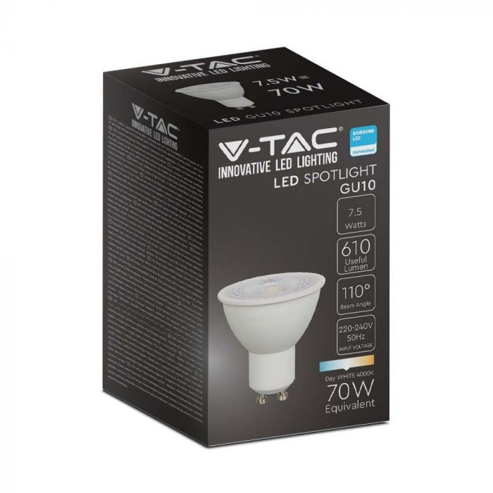 Светодиодная лампа GU10 7.5W(610Lm), V-TAC SAMSUNG, IP20, гарантия 5 лет, нейтральный белый 4000K
