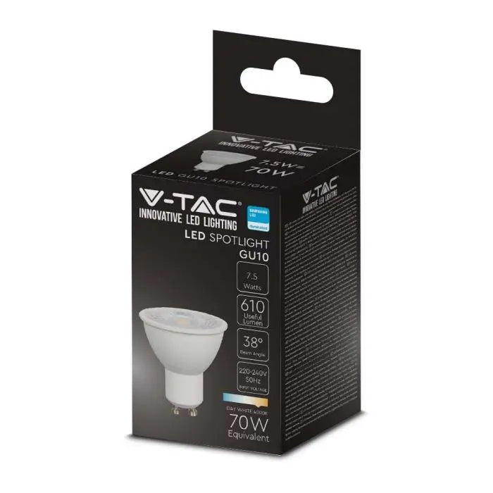 GU10 7.5W(610Lm) LED Spuldze, V-TAC SAMSUNG, IP20, garantija 5 gadi, neitrāli balta gaisma 4000K