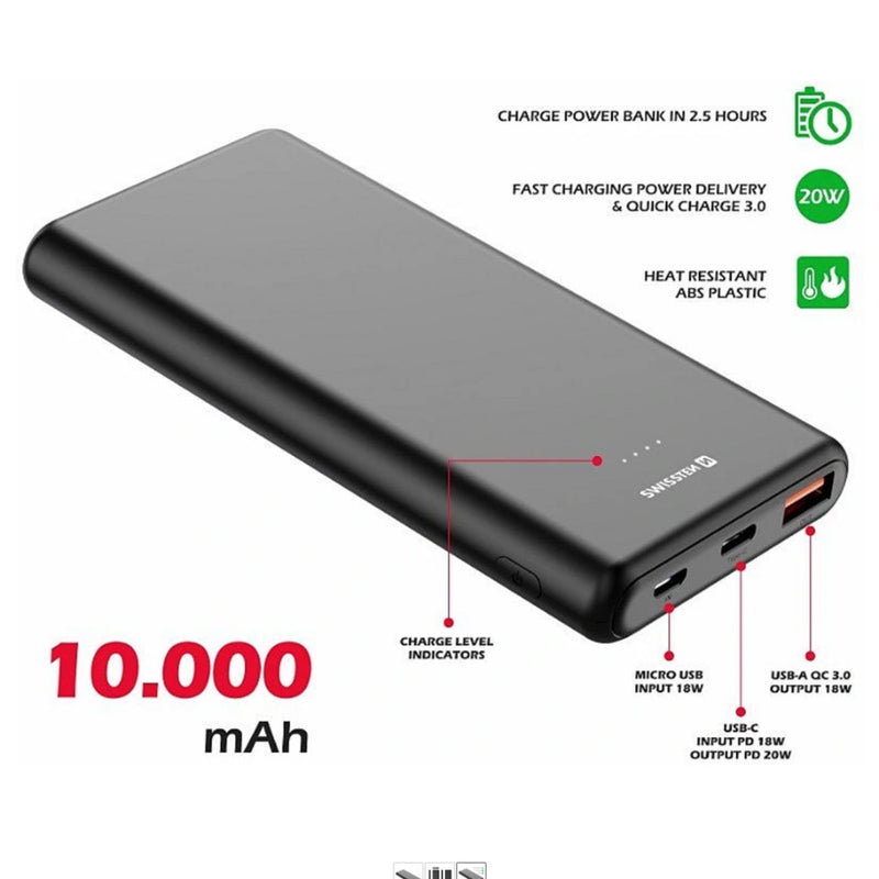 Power Banka Ārējās Uzlādes Baterija USB / USB-C / Micro USB / 20W / 10000 mAh