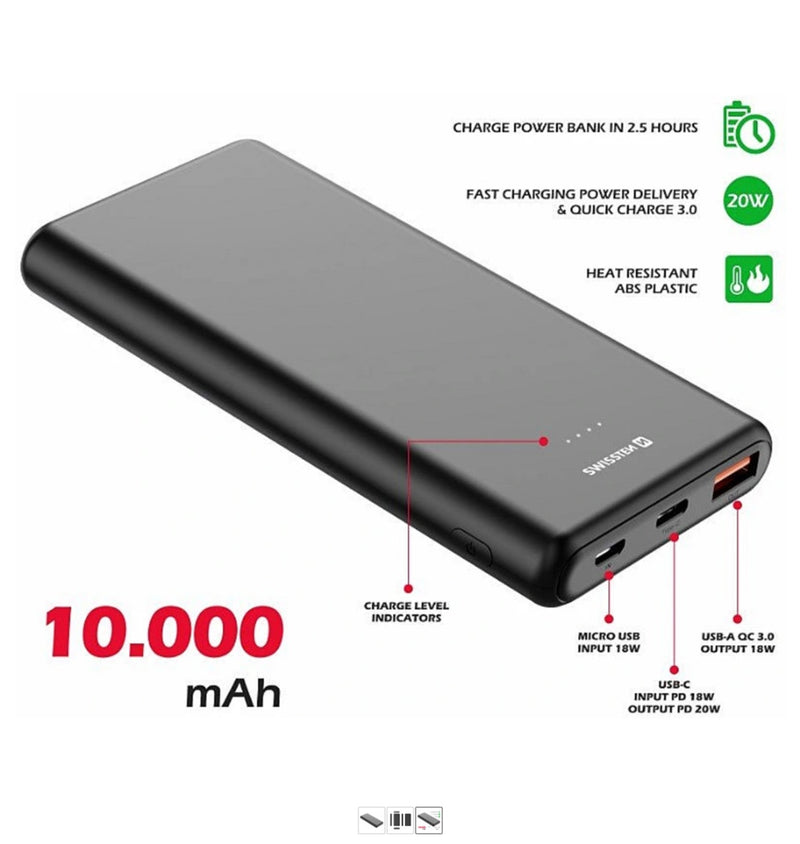 Power Bank External Charging Battery USB / USB-C / Micro USB / 20W / 10000 mAh