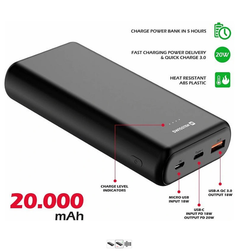 20000 mAh Power Bank väline aku USB / USB-C / Micro USB / 20W