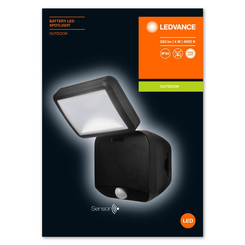 4W(260Lm) LEDVANCE LED Fasādes gaismeklis ar bateriju, A++, melns, IP54, garantija 5 gadi, neitrāli balta gaisma 4000K