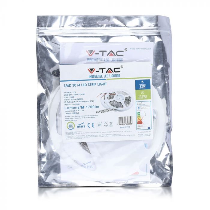 Price for 1m_18W/m(1700Lm/m) 1.5A/m, 204 LED Tape, waterproof IP20, V-TAC, cold white light 6000K