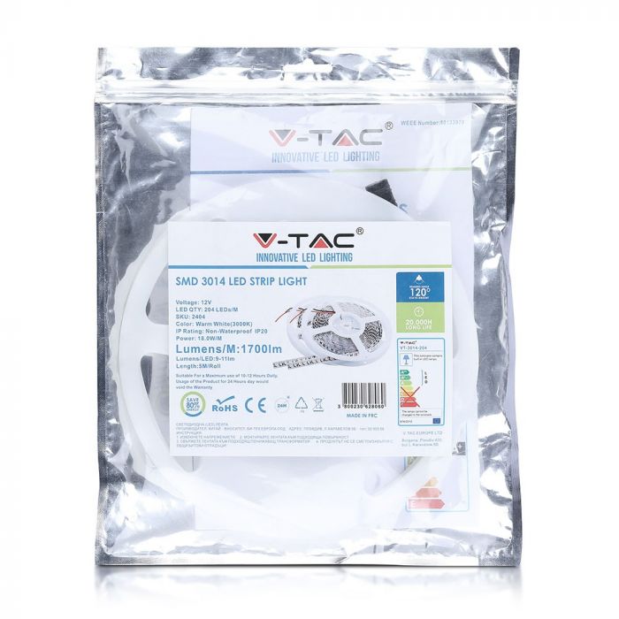 Pris per 1m_18W/m(1700Lm) LED-tejp, 204 dioder SMD3014, vattentät IP20, V-TAC, varmvitt ljus 3000K