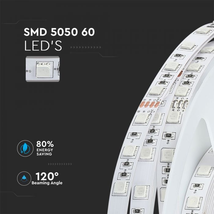 Pris för 1m_9.6W(1000Lm) LED-tejp, 60 dioder SMD5050, vattentät IP20, V-TAC, 24V, varmvitt ljus 3000K