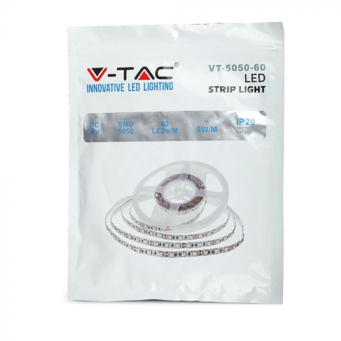 Pris för 1m_9.6W(1000Lm) LED-tejp, 60 dioder SMD5050, vattentät IP20, V-TAC, 24V, varmvitt ljus 3000K