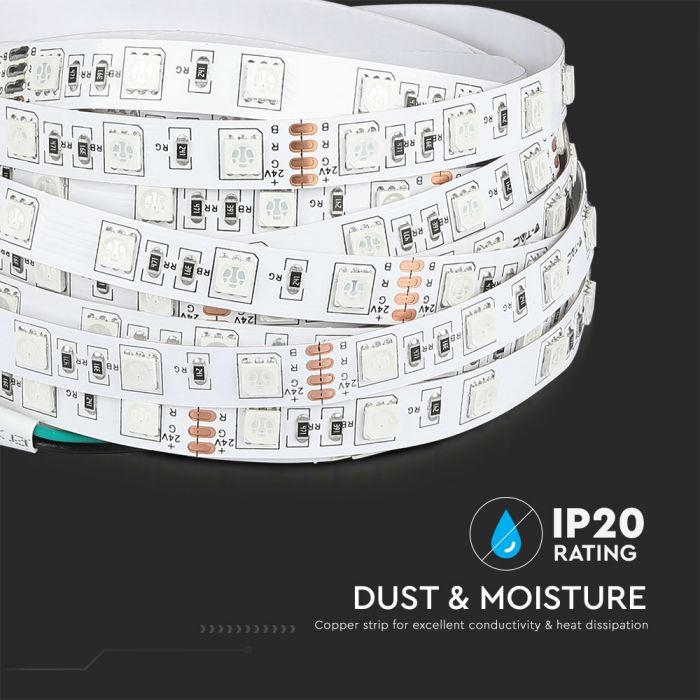 Pris för 1m_9.6W(1000Lm) LED-tejp, 60 dioder SMD5050, vattentät IP20, V-TAC, 24V, varmvitt ljus 3000K