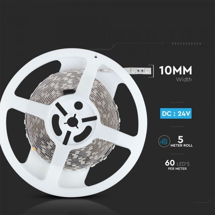 Pris för 1m_9.6W(1000Lm) LED-tejp, 60 dioder SMD5050, vattentät IP20, V-TAC, 24V, varmvitt ljus 3000K