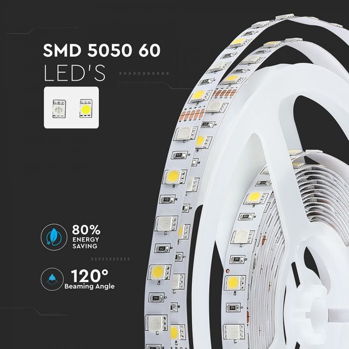 Pris per 1m_9W/m(1000Lm) LED-tejp, 60 dioder SMD5050, vattentät IP20 12V, V-TAC, färgat+neutralt vitt ljus 4000K