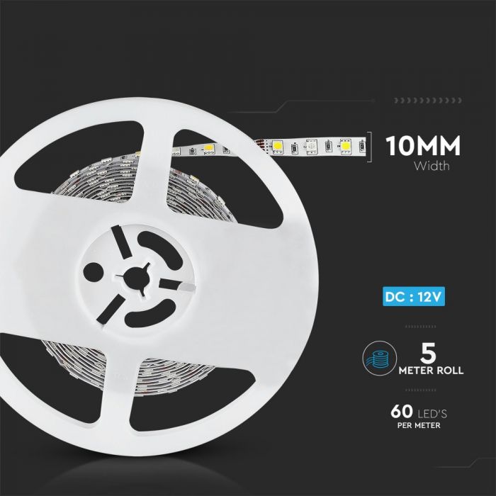 Pris per 1m_9W/m(1000Lm) LED-tejp, 60 dioder SMD5050, vattentät IP20 12V, V-TAC, färgat+neutralt vitt ljus 4000K