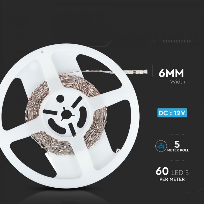 Pris per 1m_3,6W/m(300Lm) Led Tape, 60 dioder, typ S, SMD2835, vattentät IP20, V-TAC, varmvitt ljus 3000K