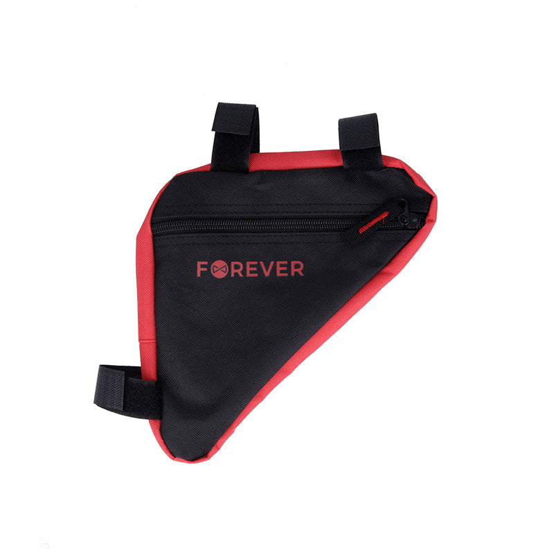 Bicycle frame bag with zipper and fastening clips, waterproof, red with black
