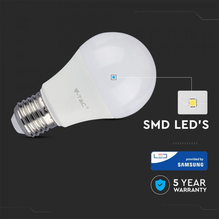 E27 6.5W(806Lm) LED Bulb V-TAC SAMSUNG, warranty 5 years, A60, cold white light 6400K