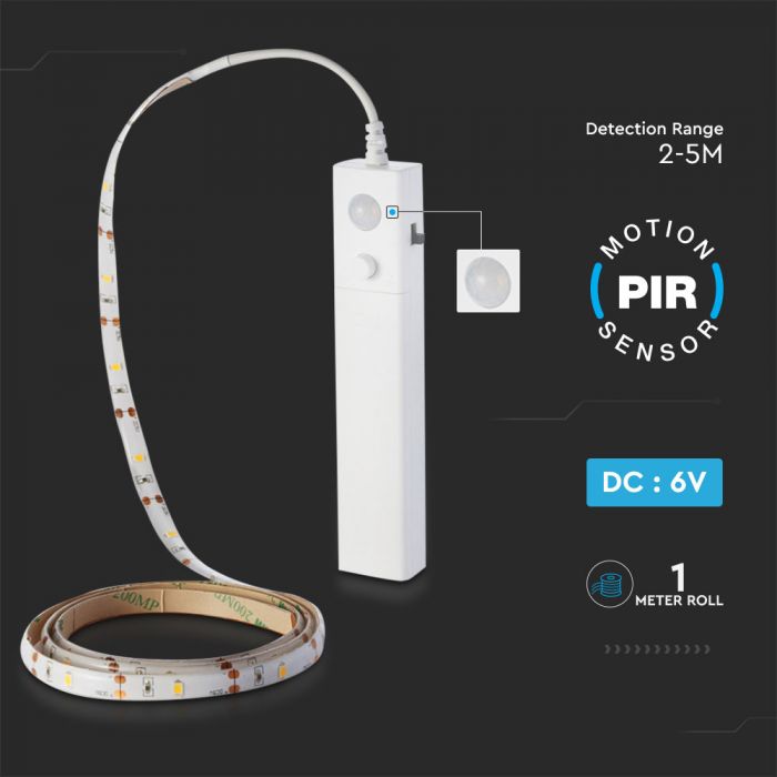 2.4W (200Lm) 30 LED lente 2835 1m ar PIR sensoru, ar 4xAAA baterijām, silti balta gaisma 2700K