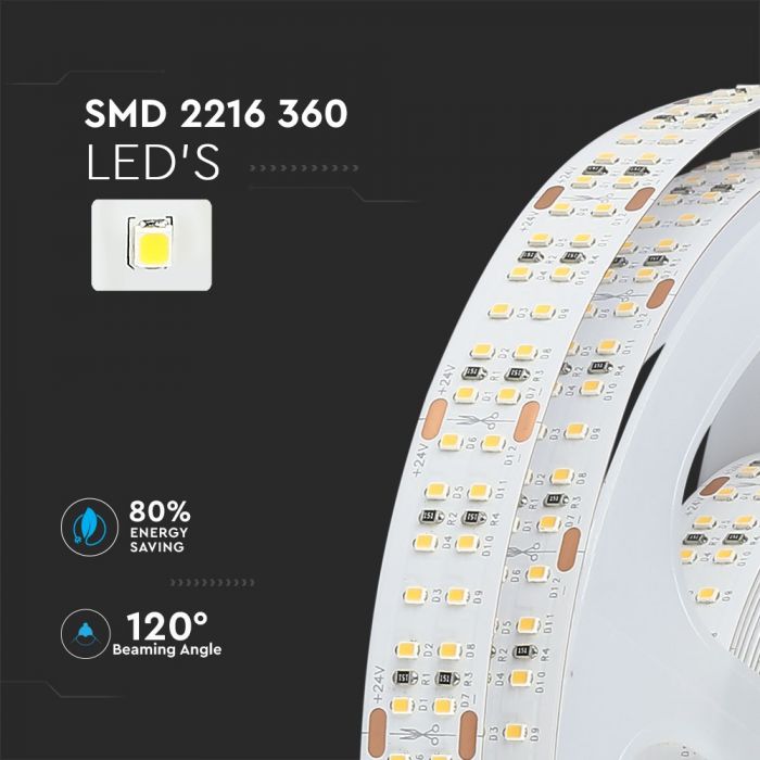 Cena par 1m_30W(2400Lm) LED Lente, 360 diodes SMD2216, CRI>95, ūdensnedroša IP20, V-TAC, 24V, silti balta gaisma 3000K