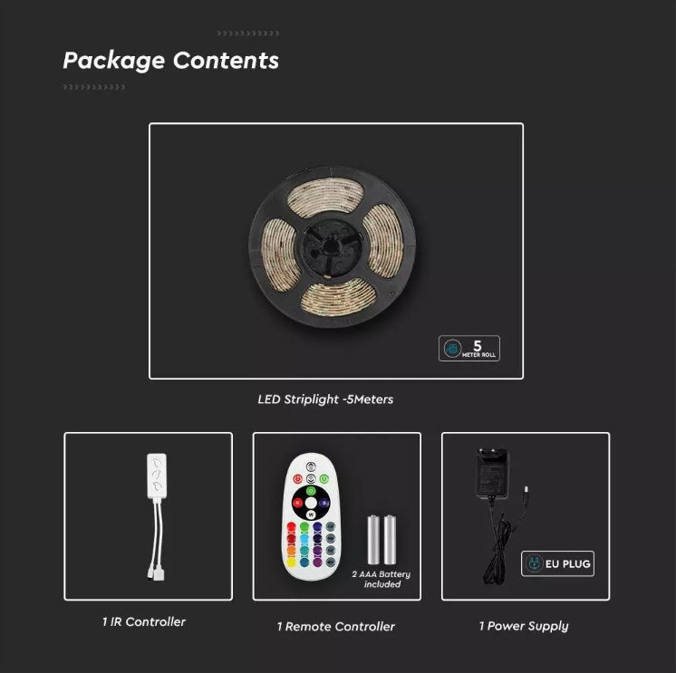 4Wm(230Lm/m) LED V-TAC SMART lentu komplekts RGB + 3in1, 5m, IP65, saderīgs ar Amazon Alexa un Google Home aplikācijām, aptumšojams