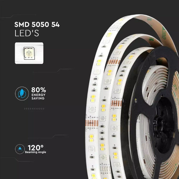20W LED V-TAC SMART lentu komplekts RGB + 3in1, 5m, IP65, saderīgs ar Amazon Alexa un Google Home aplikācijām, aptumšojams