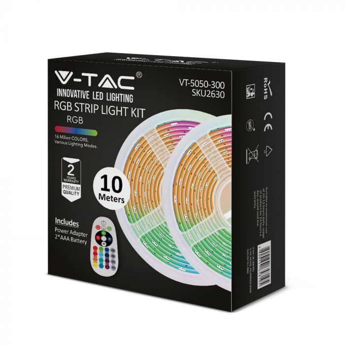 2630_RGB krāsainas LED lentes komplekts 48W (5000Lm) , 0.4A, SMD 5050 300LED, 2x5m,komplektā tālvadības pults un kontrolieris,barošanās bloks 12V,2 x AA baterijas