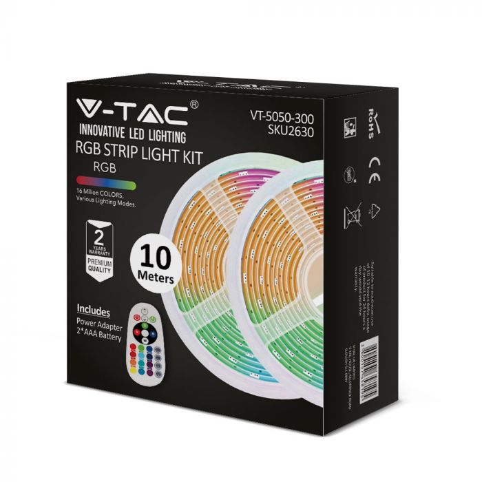 Комплект 2x5 м — набор цветных светодиодных лент RGB, 48 Вт (5000 лм), 0,4 А, SMD 5050 300 светодиодов, пульт дистанционного управления и контроллер, блок питания 12 В, 2 батарейки типа AA