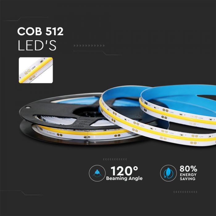 Cena par 1m_12W(1000Lm) LED COB Lente, 512LED/m, ūdensdroša IP20, 24V, V-TAC, silti balta gaisma 3000K