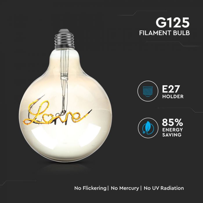 E27 5W(70Lm) "LOVE" LED Bulb Filament Amber, G125, V-TAC, warm white light 2200K