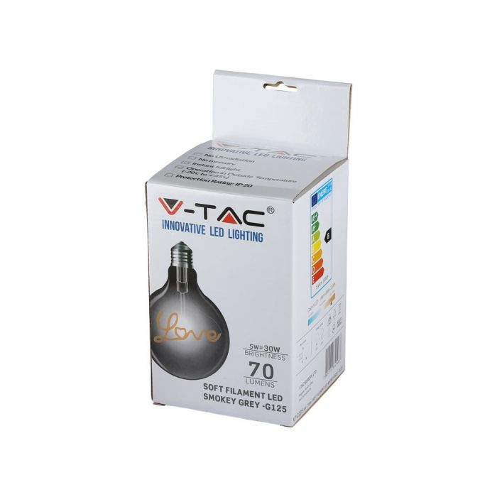 E27 5W(70Lm) "LOVE" LED-lambi kollane hõõgniit, G125, V-TAC, soe valge valgus 2200K
