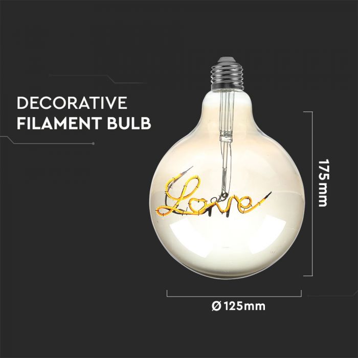 E27 5W(70Lm) "LOVE" LED Bulb Filament Amber, G125, V-TAC, warm white light 2200K