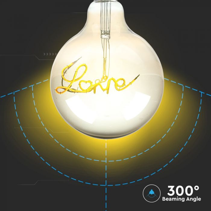 E27 5W(70Lm) "LOVE" LED-lambi kollane hõõgniit, G125, V-TAC, soe valge valgus 2200K