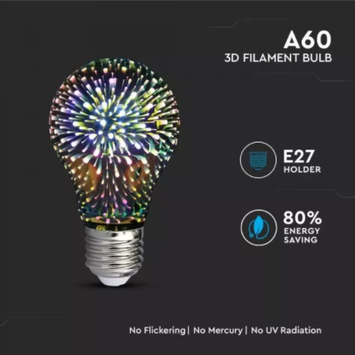 E27 3W(20Lm) LED COB pirn A60, 3D, IP20, V-TAC, soe valge valgus 3000K