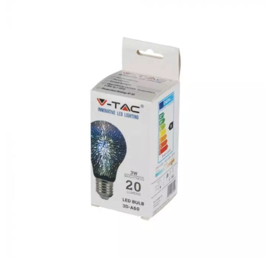 E27 3W(20Lm) LED COB glödlampa A60, 3D, IP20, V-TAC, varmvitt ljus 3000K