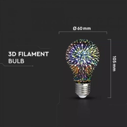 E27 3W(20Lm) LED COB glödlampa A60, 3D, IP20, V-TAC, varmvitt ljus 3000K