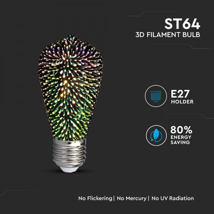 E27 3W(25Lm) LED COB лампа ST64, 3D, IP20, V-TAC, теплый белый свет 3000K