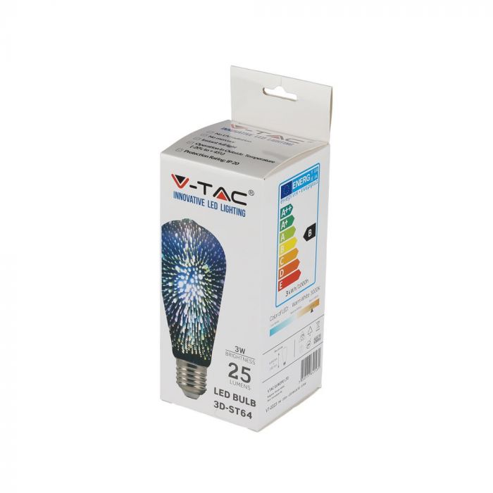 E27 3W(25Lm) LED COB лампа ST64, 3D, IP20, V-TAC, теплый белый свет 3000K
