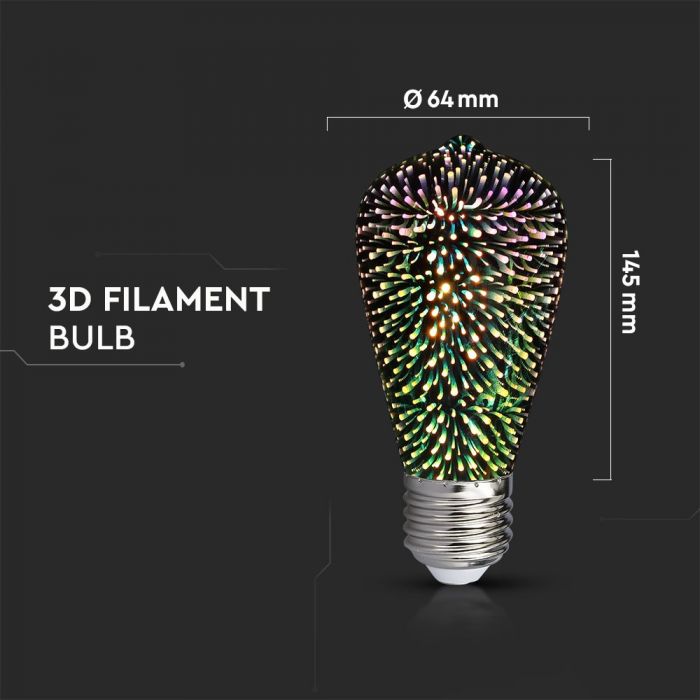 E27 3W(25Lm) LED COB bulb ST64, 3D, IP20, V-TAC, warm white light 3000K