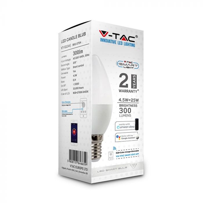 E14 4,5W (300Lm) LED SMART-lampa, ljusform, V-TAC, kompatibel med Amazon Alexa- och Google Home-appar, RGB+WWW+CW